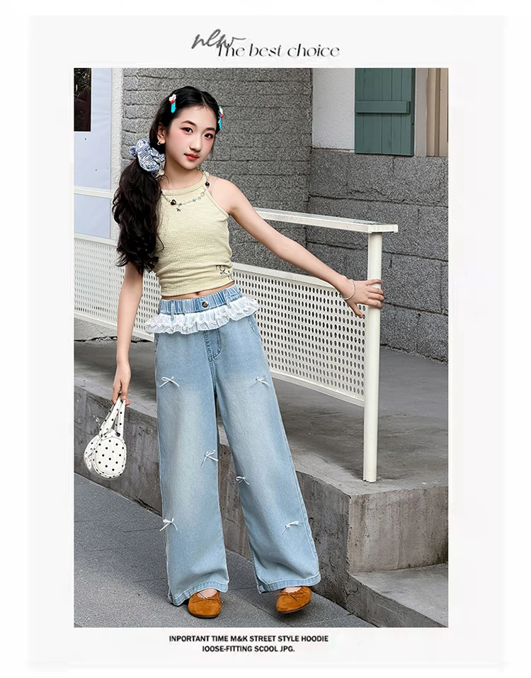 Neue Süße Schleifenjeans mit Spitze für Teenager-Mädchen, Beliebte Hochgeschnittene Gerade Denim-Hosen, Kinder Casual Sommer-Jeans-Hosen – Detail 8