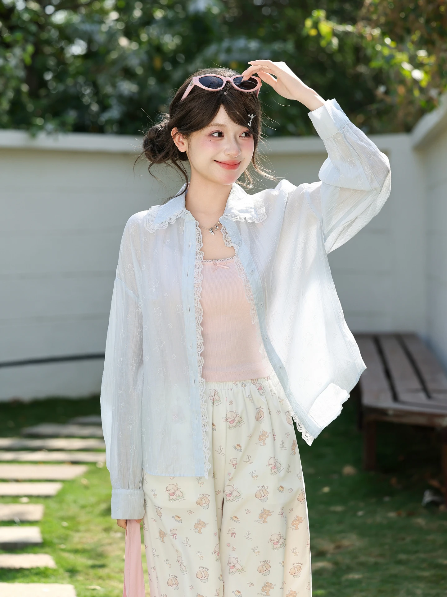 

Синяя рубашка с кружевной отделкой и вставками, свободного кроя, с длинными рукавами, легкая верхняя одежда для кондиционированных помещений, повседневный кардиган с отложным воротником для молодых женщин