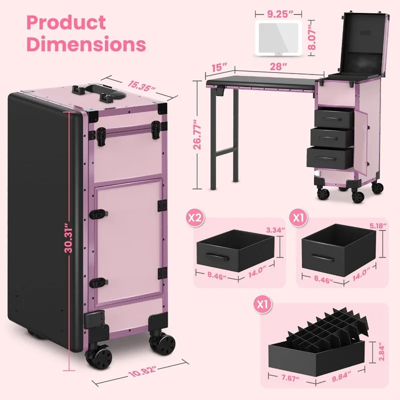 Rolling Portable Manicure Table,Lockable Makeup Train Case with Foldable Nail Desk,Cosmetic Travel Case for Workstation Mobile