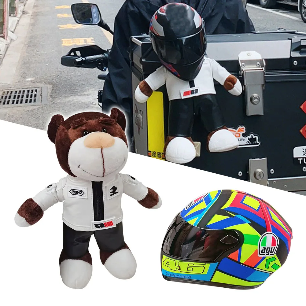 Small Motorcycle Bear Helmet Leather Plush Toys Full Helmet Motorbike Accessories Decoration Tension Bear Tail Box Ornament