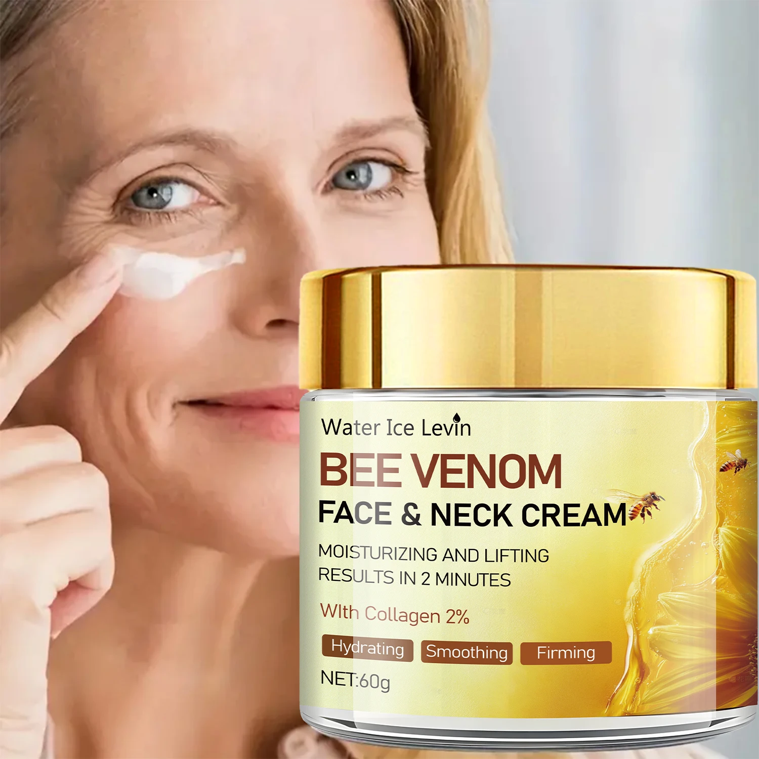 Water Ice Levin Bee Venom Face Neck Cream. 2 Minute Lift, 2% Collagen. Hydrates, Smooths, Firms, Glows. 60g.