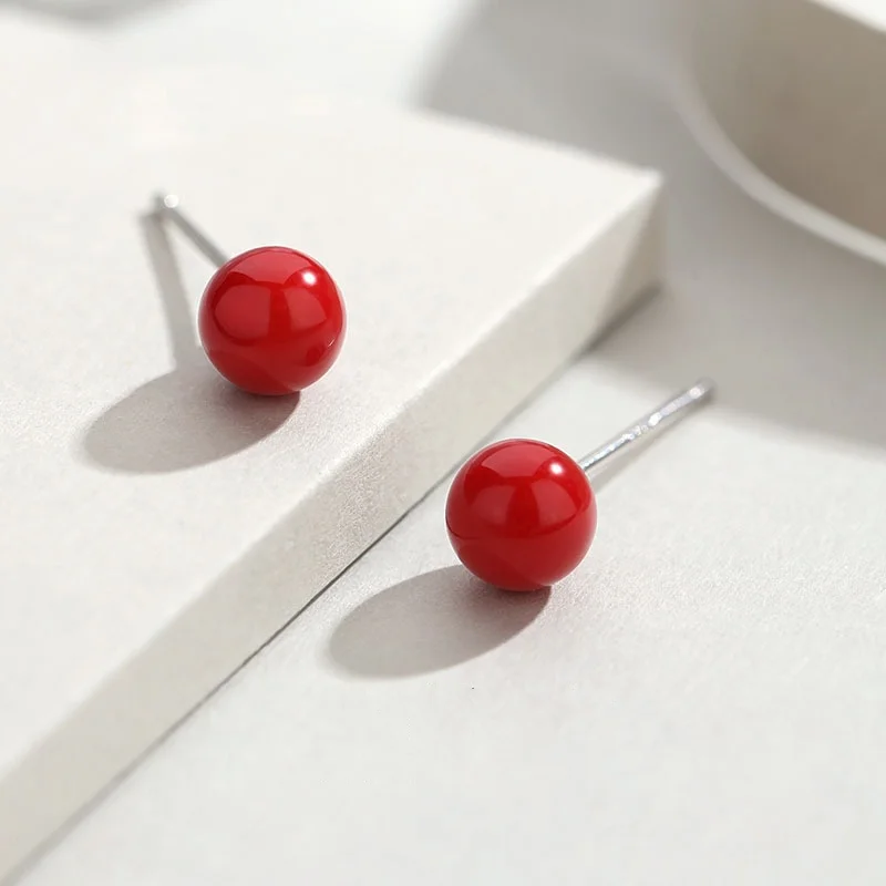 4mm 6mm 8mm 14mm Red Color Round Imitation Pearl Stud Earring for Women Elegant Romantic Temperament Jewelry Accessories Gift - view 6