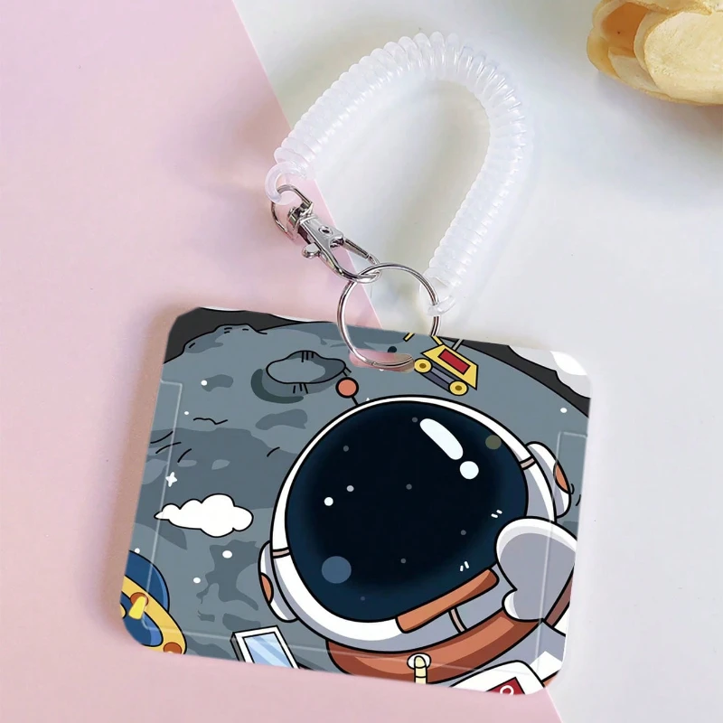 1pc Cartoon Outer Space Astronauts Design with Retractable Spring Rope for Work ID Card Sleeve Holder Protector Card Case