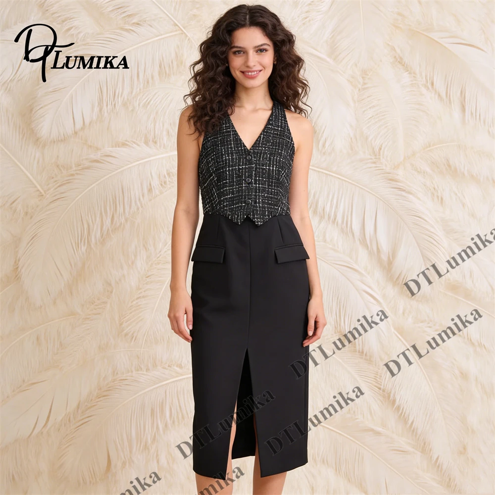 

Tweed & Crepe Contrast Dress, Sleeveless V Neck Blazer Top Maxi Dress for Office Party Evening Wear Elegant Look