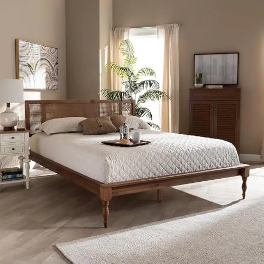 Large, grey walnut double bed, classic and comfortable modern bedroom bed