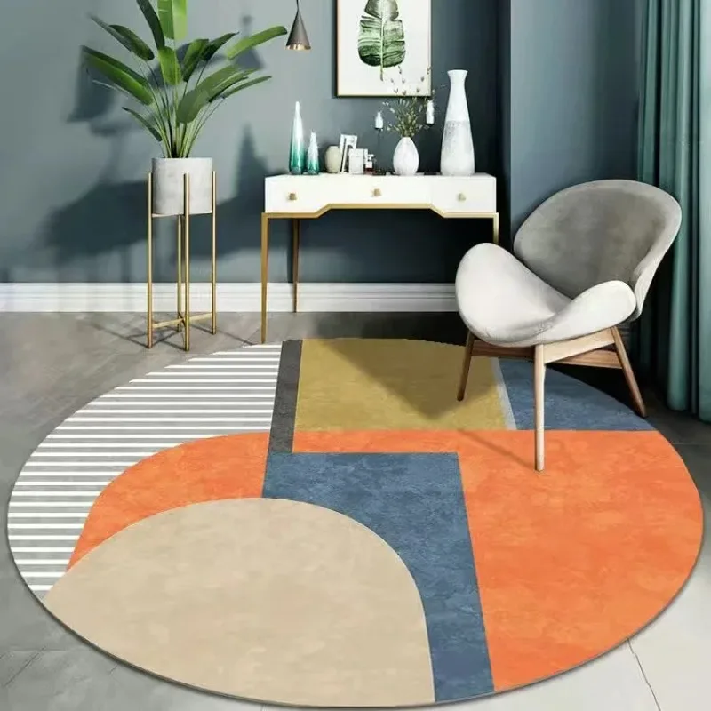 Contemporary Color Block Round Rug, Non-slip & Washable, Orange Grey Stripe Mat for Home Decor