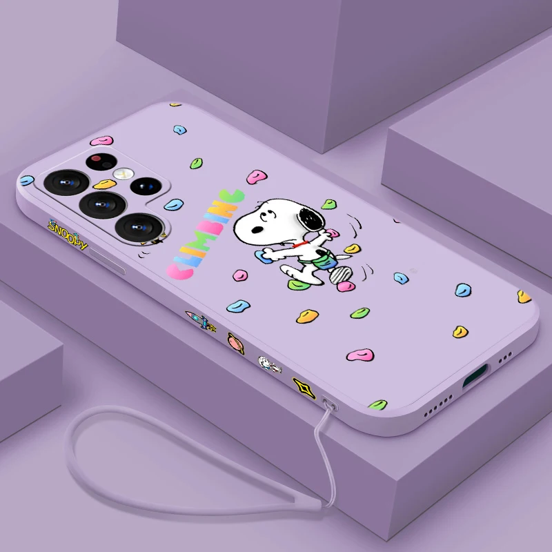 Cartoon Kawaii S-Snoopy For Samsung S24 S23 S22 S21 S20 Fe S10 Note 20 10 Ultra Lite Plus Liquid Left Rope Phone Case