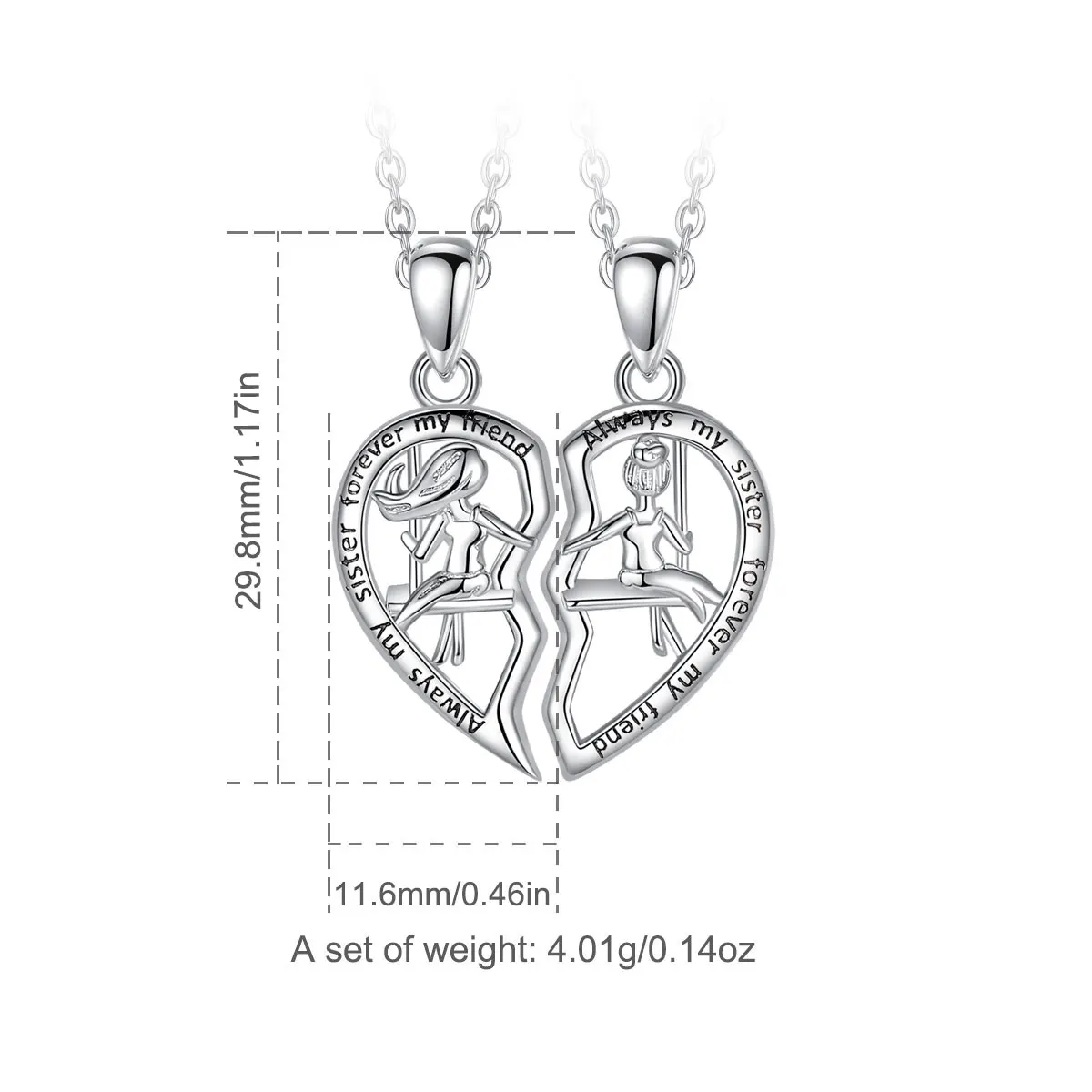 Eudora 925 Sterling Silver Sisters Swing Best Friend Necklace BFF Friendship Necklace For 2 Pcs/ Set Jewelry Gifts For Sisters