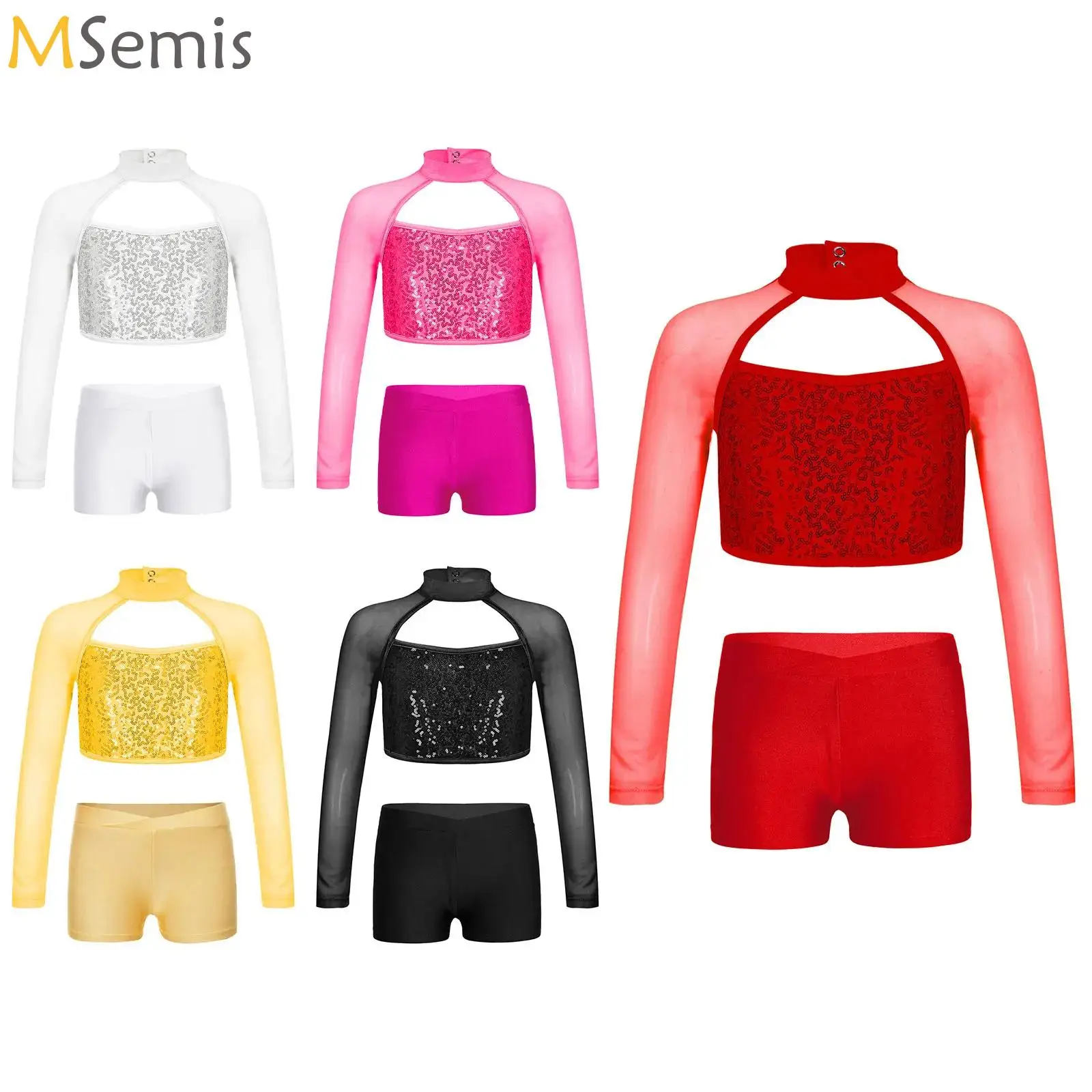 

Kids Girls Gymnastics Ballet Dance Sets Jazz Modern Dance Performance Costume Long Sleeve Sequins Crop Tops with Shorts Suit