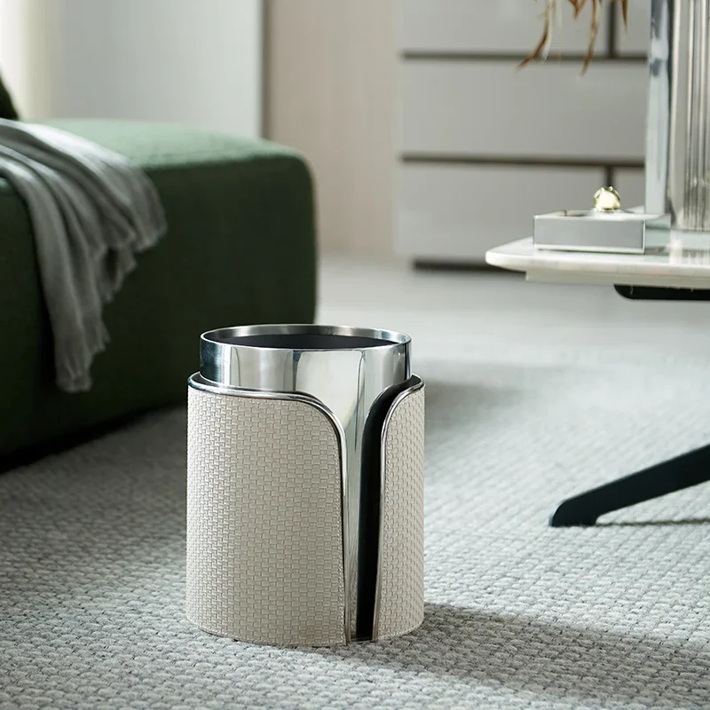 Light luxury leather trash can household living room kitchen large capacity uncovered trash can high grade office wastebasket