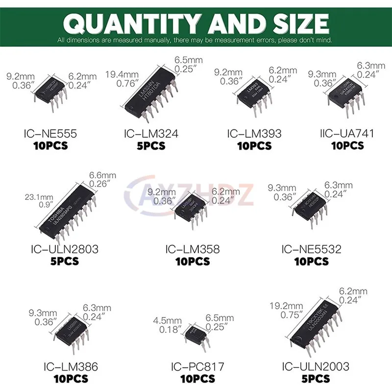 

85PCS NE555 LM324 LM393 UA741 ULN2803 LM358 LM386 NE5532 ULN2003 PC817 10 Types Integrated Circuit DIP IC Combination Chip Kit