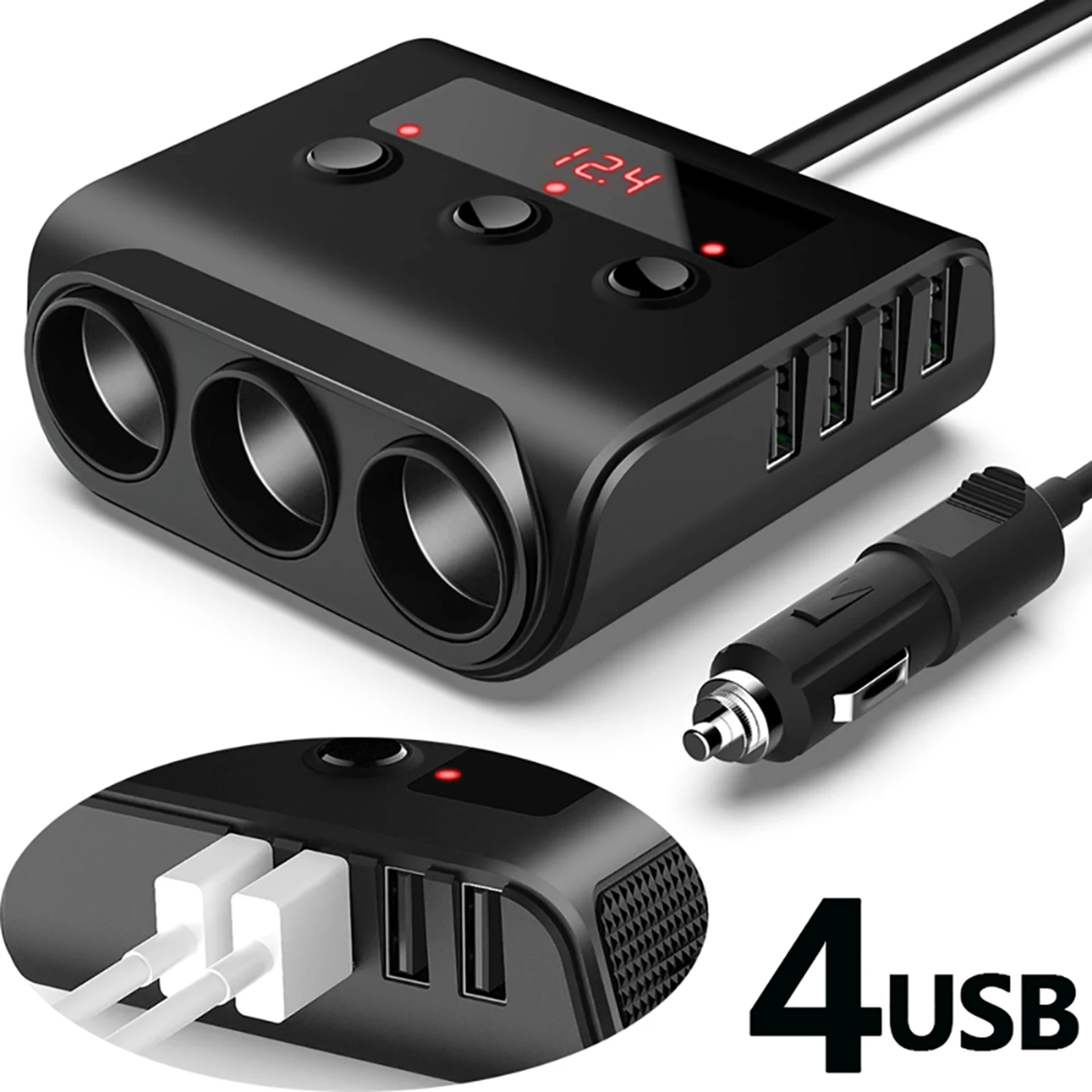 

100W Car Cigarette Lighter Multi Sockets Triple Splitter With Switch Digital Voltage Display 4 USB Ports Charger Adapter