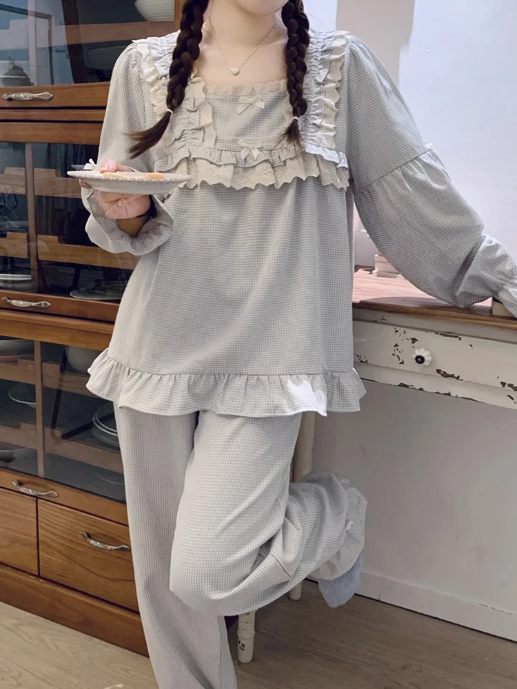 Lace New Soft Lattice Sweet Simple Princess Autumn Long Sleeve Pajama Set Women Girlish Kawaii Comfortable Casual Sleepwear Ins