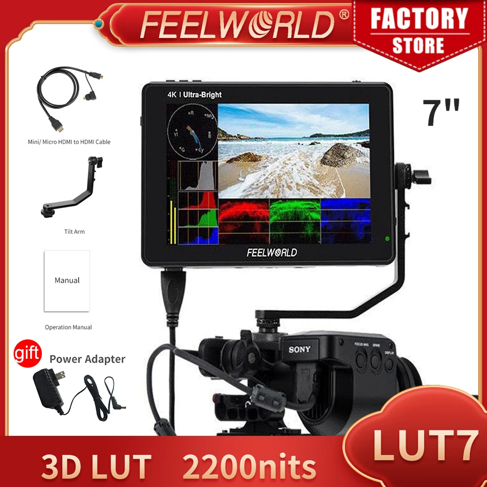 FEELWORLD LUT7 7 inch 2200nits 3D LUT Touch Screen Field Monitor 4K HDMI Full HD 1920x1200 IPS Monitor for DSLR Cameras Video