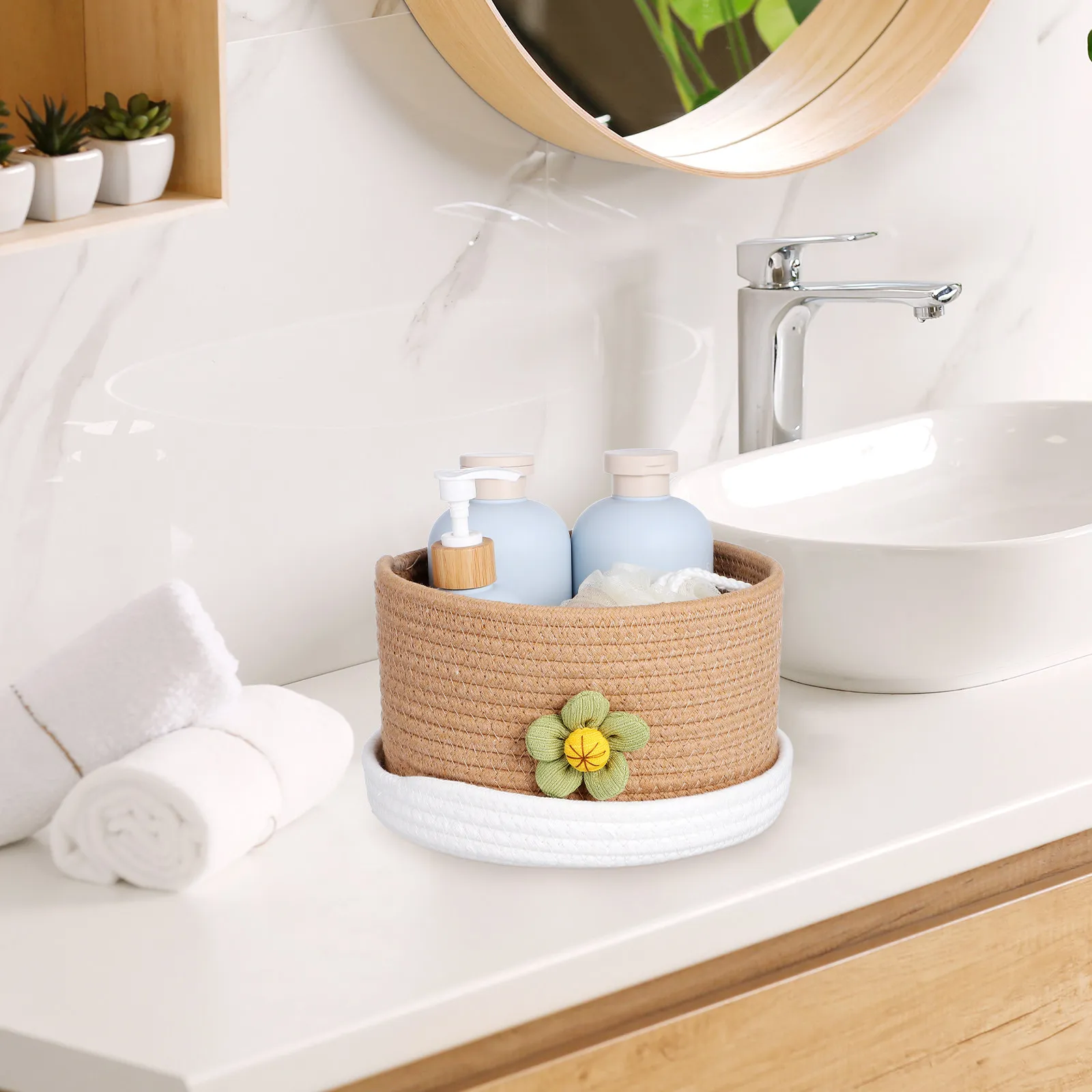 

Round Cotton Rope Storage Basket Lidded Large Woven Organizer for Sundries Desktop Closet Multipurpose Container