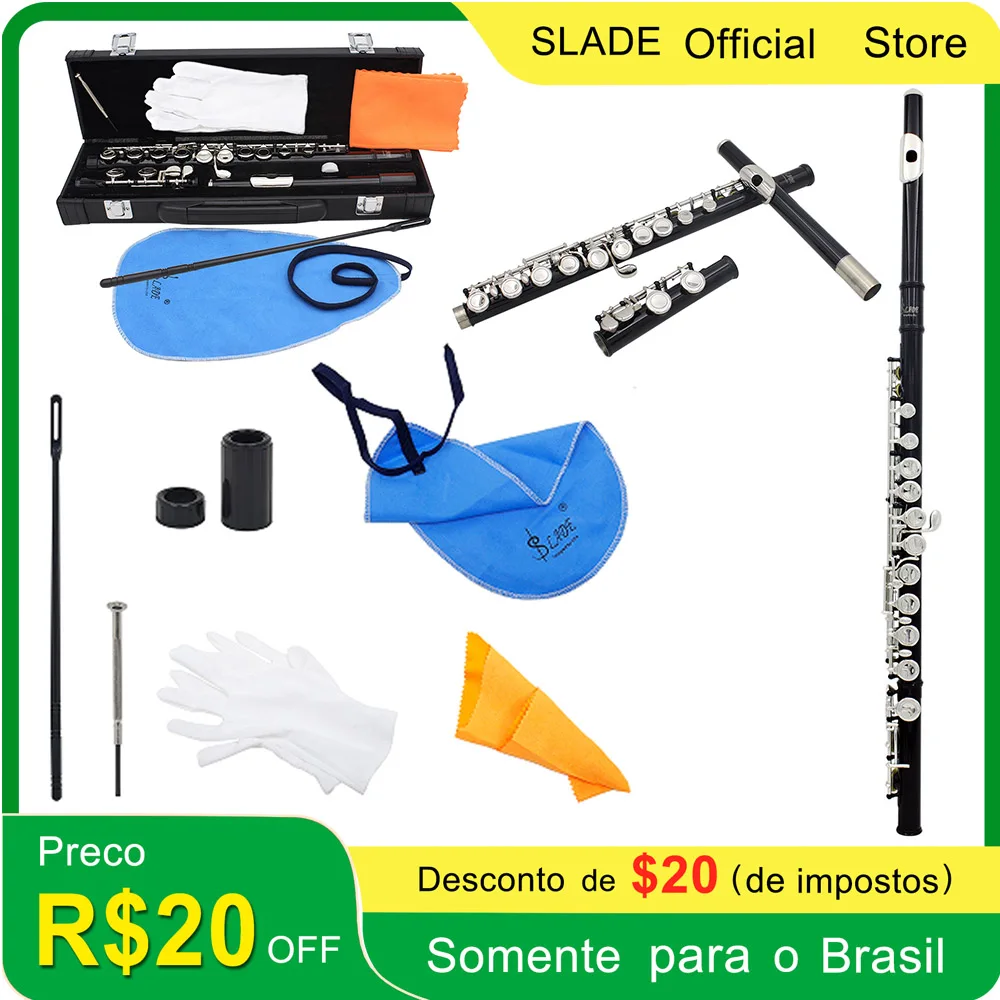 

SLADE 16 C-Slot Holes Flute Black Silver Key Flute Professional Beginner Student Flute with Box Gloves Cleaning Kit