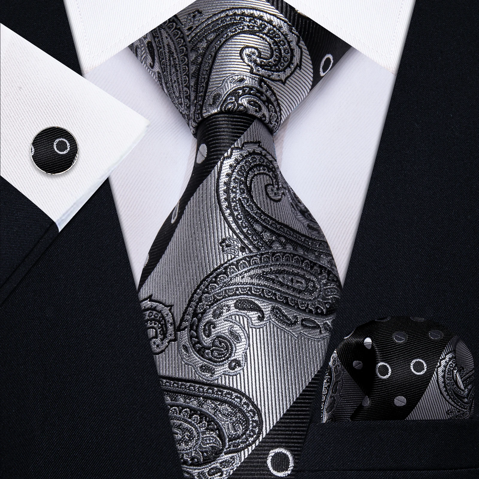 Novalty Men's Black Dot Gray Jacquard Paisley Necktie for Wedding Party Dinner Classic Luxury Tie with Pocket Square Cufflinks