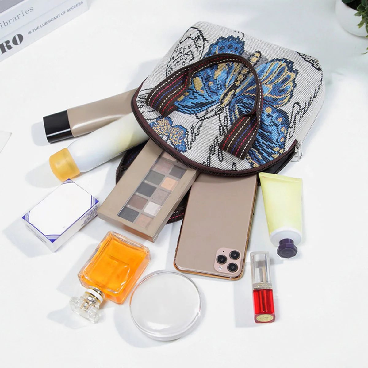 蝶刺繍トップハンドルバッグ小さな電話収納財布女性の織ハンドバッグジッパーキャンバスハンドバッグ