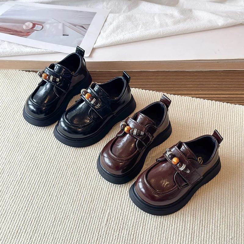 Girls Leather Shoes for Party Wedding Slip-on Simple Solid Black Kids UK Uniform School Shoes Children Loafers 2026 Four Season