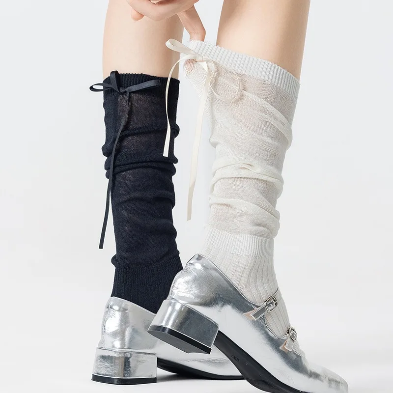 1/2pairs Lolita Mid Length Socks Women Comfortable Breathable Knee-socks Lace Bow Casual Soft Solid Simple Vertical Stripe Socks image 4
