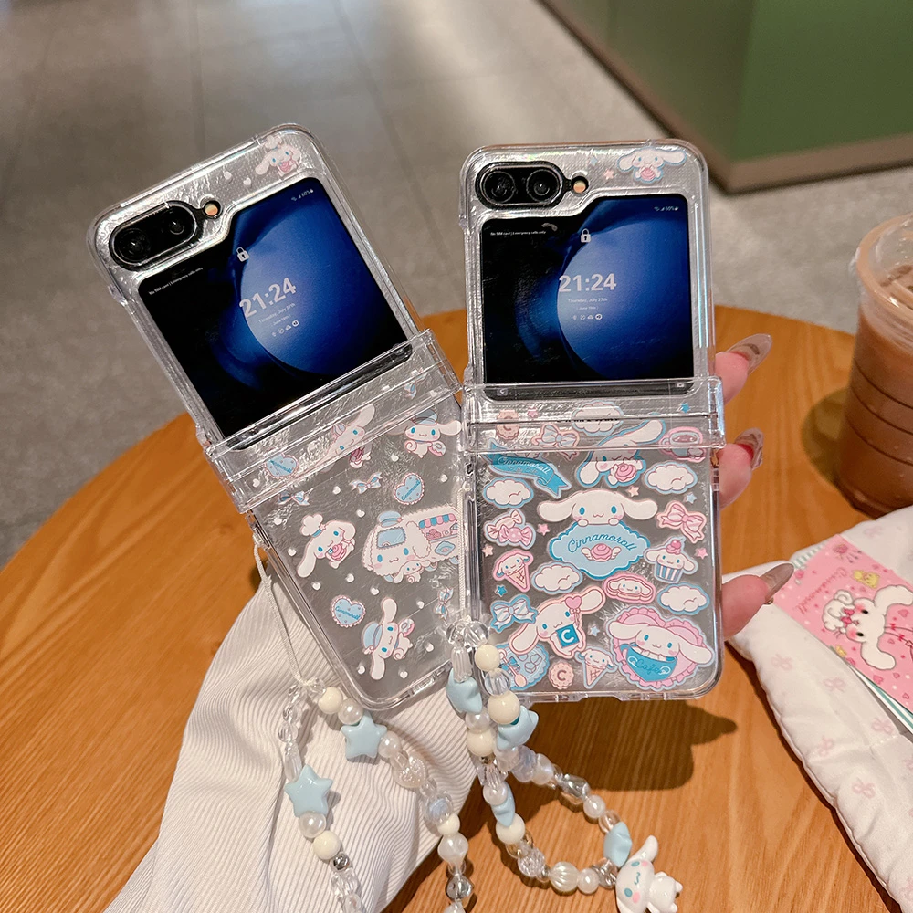 Cute Cartoon Sanrio Cinnamoroll Phone Case For Samsung Galaxy Z Flip 7 Hard PC Back Cover For Z Flip 6 5 4 Cases With Lanyard