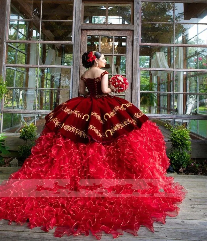 Vestidos De Quinceañera De princesa mexicana charro rojo, vestido De lujo dulce 16, volantes escalonados, bordado De cristal, 15 Años