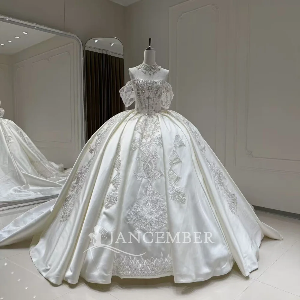 Princess Wedding Dress Ivory Satin Ball Gown Customized Off Shoulder Pearl Novelty Crystal Collar Chapel Train robe de mariée