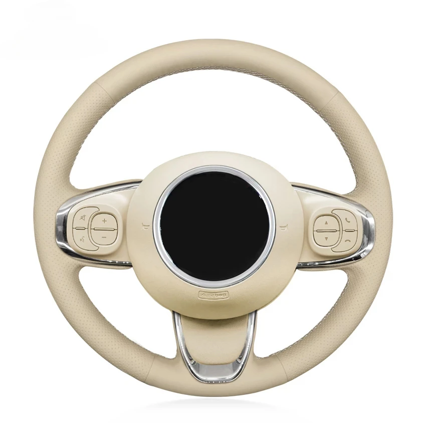 Beige Faux Leather Hand-stitched No-slip Soft Comfortable Car Steering Wheel Cover Braid For Fiat 500 2015-2021 500C 2016-2021