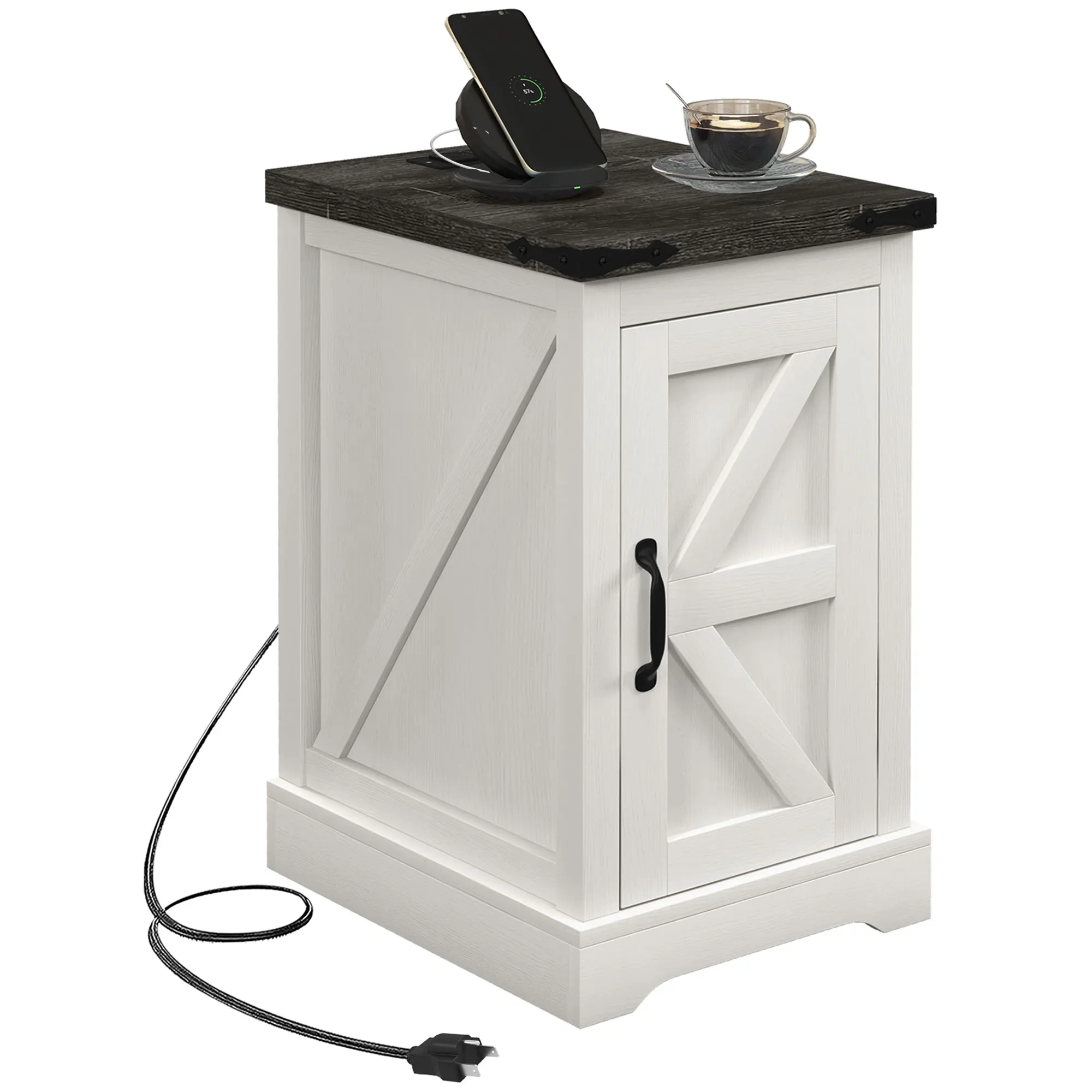 End Table with Charging Station and USB Ports, Farmhouse Side Table with Storage Cabinet for Living Room, Distressed White