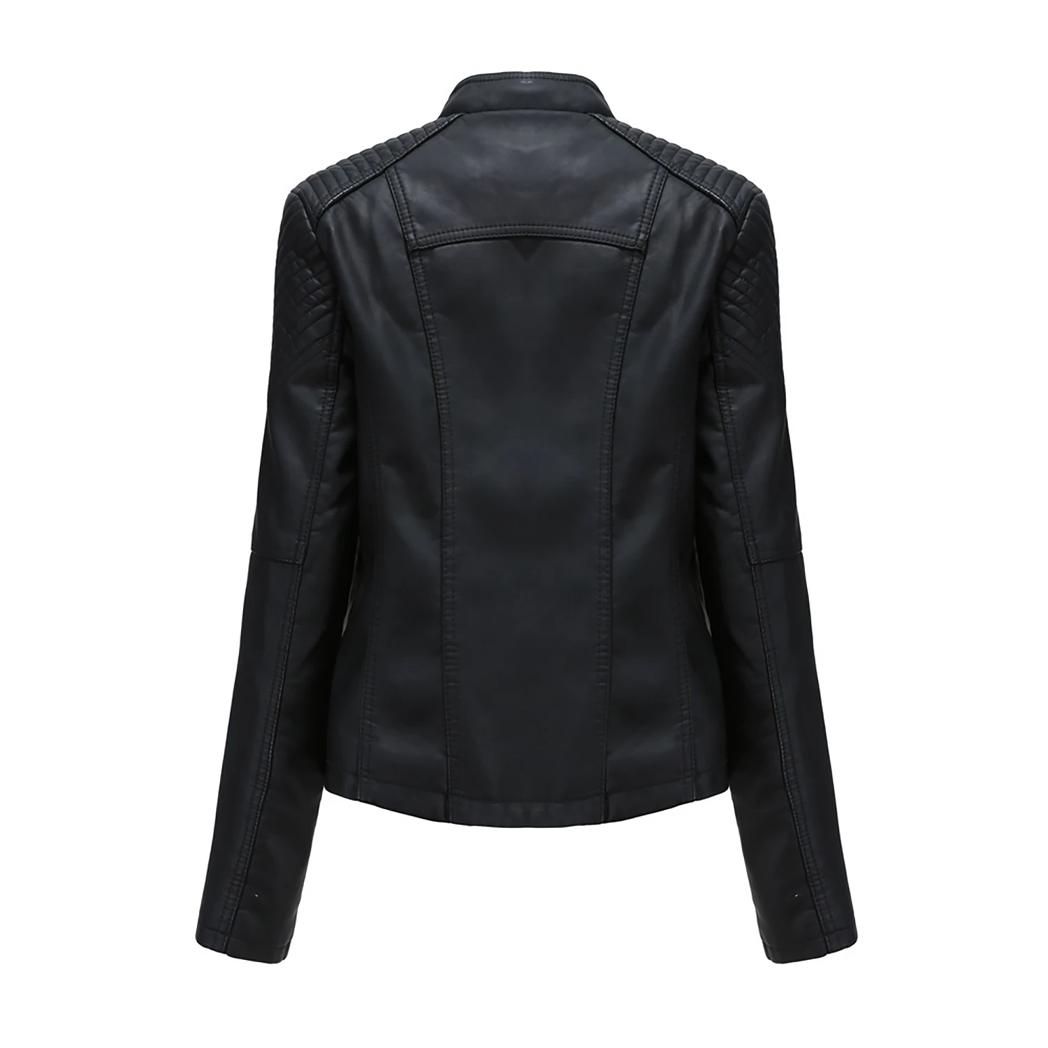 Women's String Quilted Shoulder PU Jacket Candy Color Asymmetric Oblique Zip Slim Moto Faux Leather Cropped Moto Biker Coat