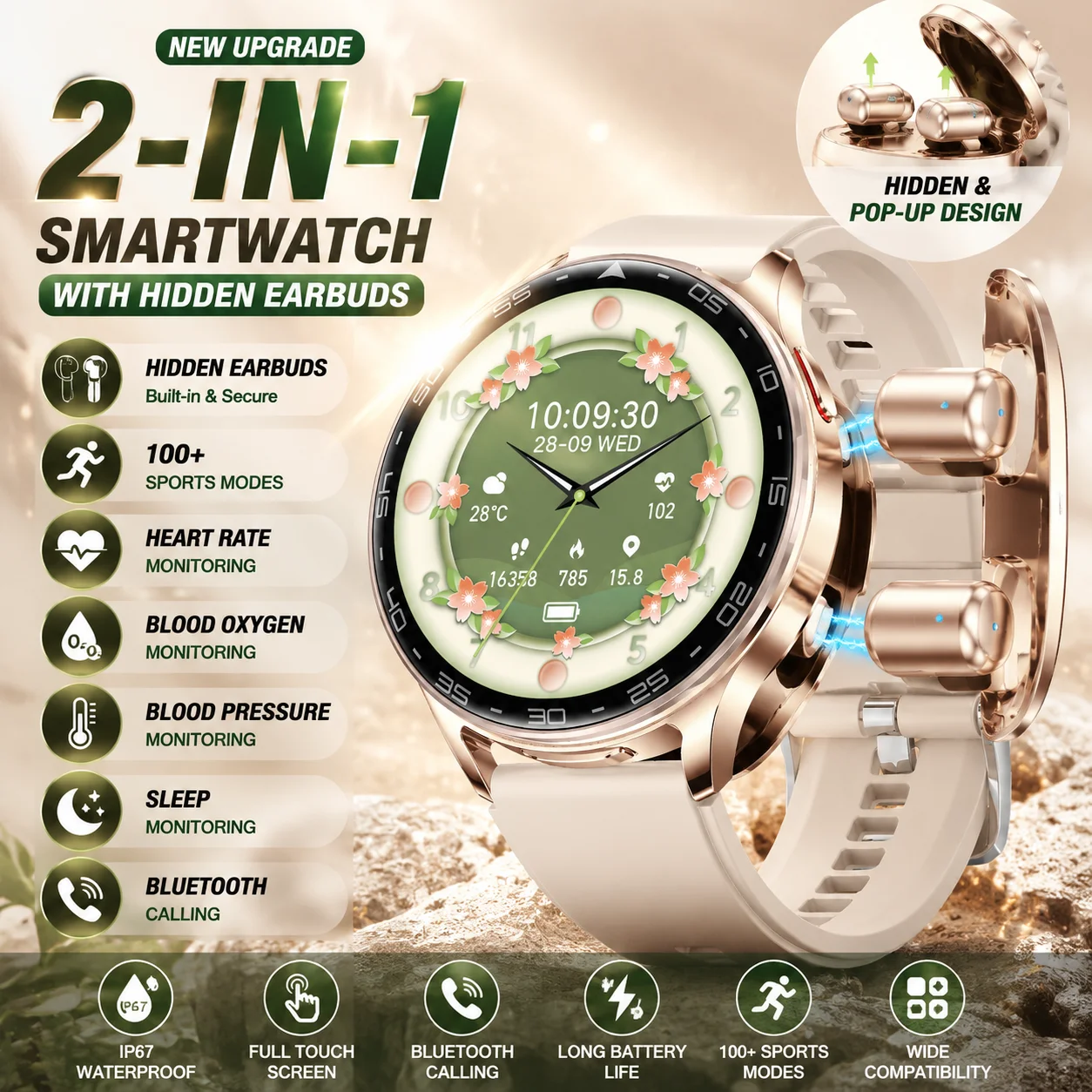 2026New 2-in-1 SmartWatch Women Built-in Headphones 300mAh Battey Heart Rate Waterpro Bluetooth Call Sport Modes Smart Watch Men