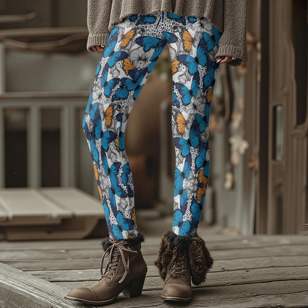 فراشة طباعة طماق النساء الشتاء سميكة الحرارية البوهيمي Harajuku الشارع موضة مثير السراويل الضيقة الملونة التصميم الفني #2