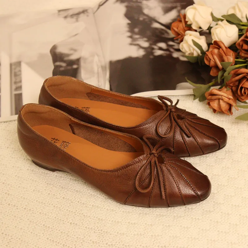 

Leather Slip-On round Toe Casual Knot Women's Shoes Comfortable Increase Height Rubber Outsole Spring Fashion Singl...