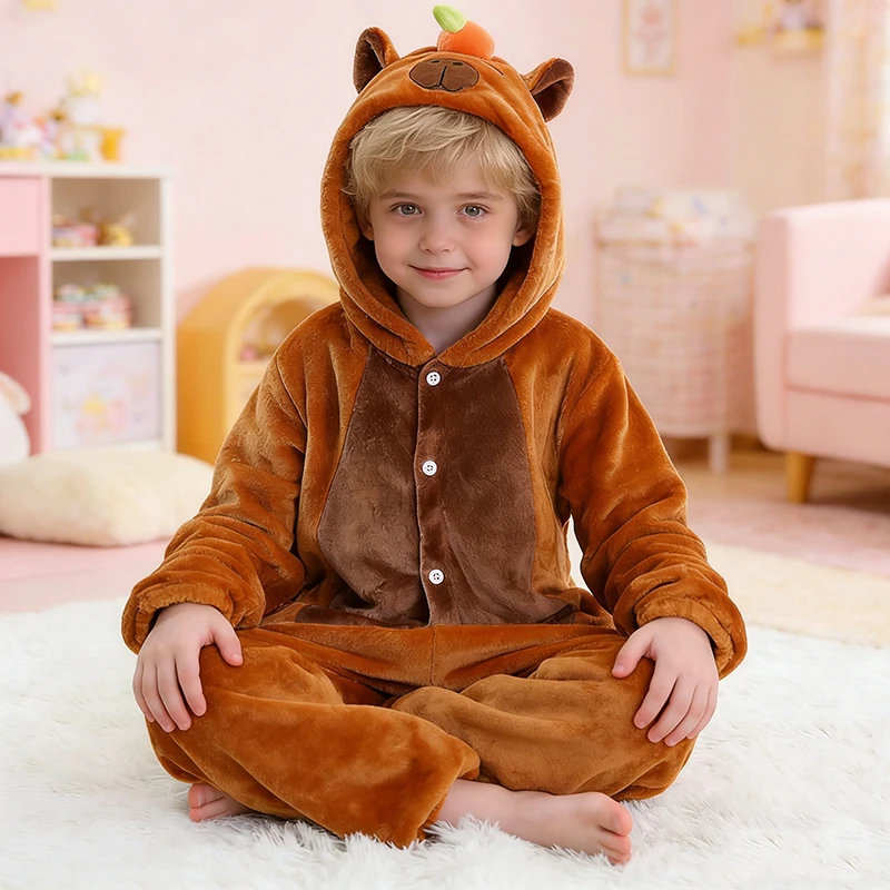 MICHLEY Carnaval Capybara Cosplay Flannel Blanket Sleeper Onesie Hooded Children Costume Clothes Jumpsuit Sleepwear For Boy Girl
