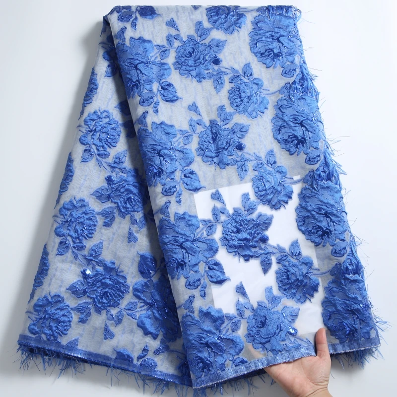 Latest Royal Blue French Tulle Lace Fabric Fluffy Feather Mesh Lace African Lace Fabric Embroidery For Wedding Dress