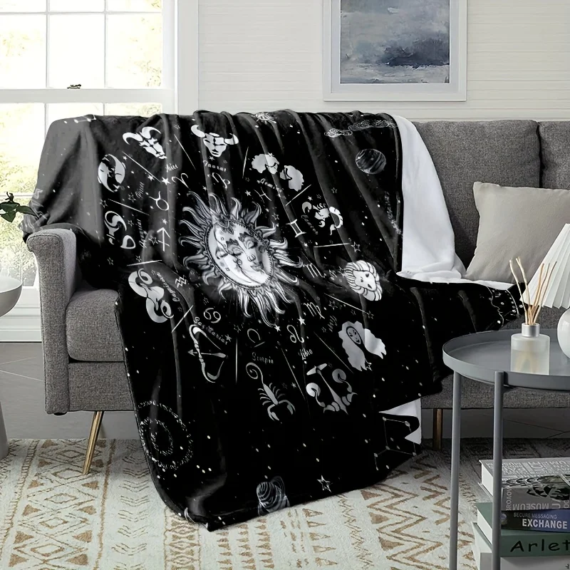 1pc Sunflower zodiac pattern blanket, made of polyester fabric, machine washable, suitable for sofas, beds, and offices.