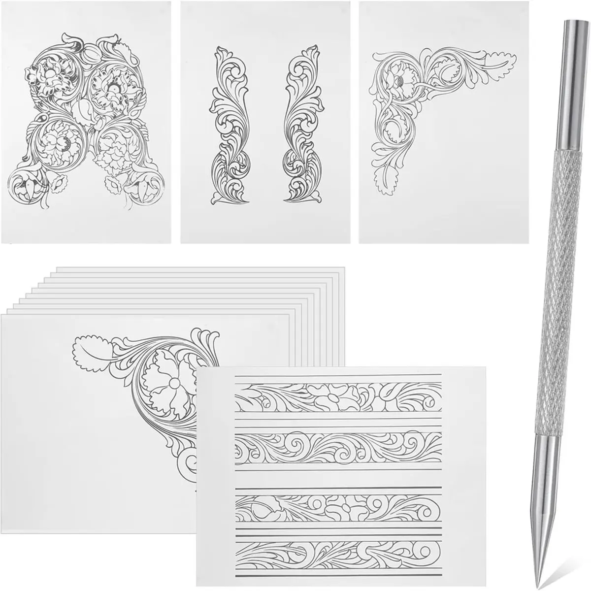 Y241A J~Leather Scriber Pen, Pointy Picker Pen with Carving Pattern Description Paper for Carving,Line Description,Wallet Making