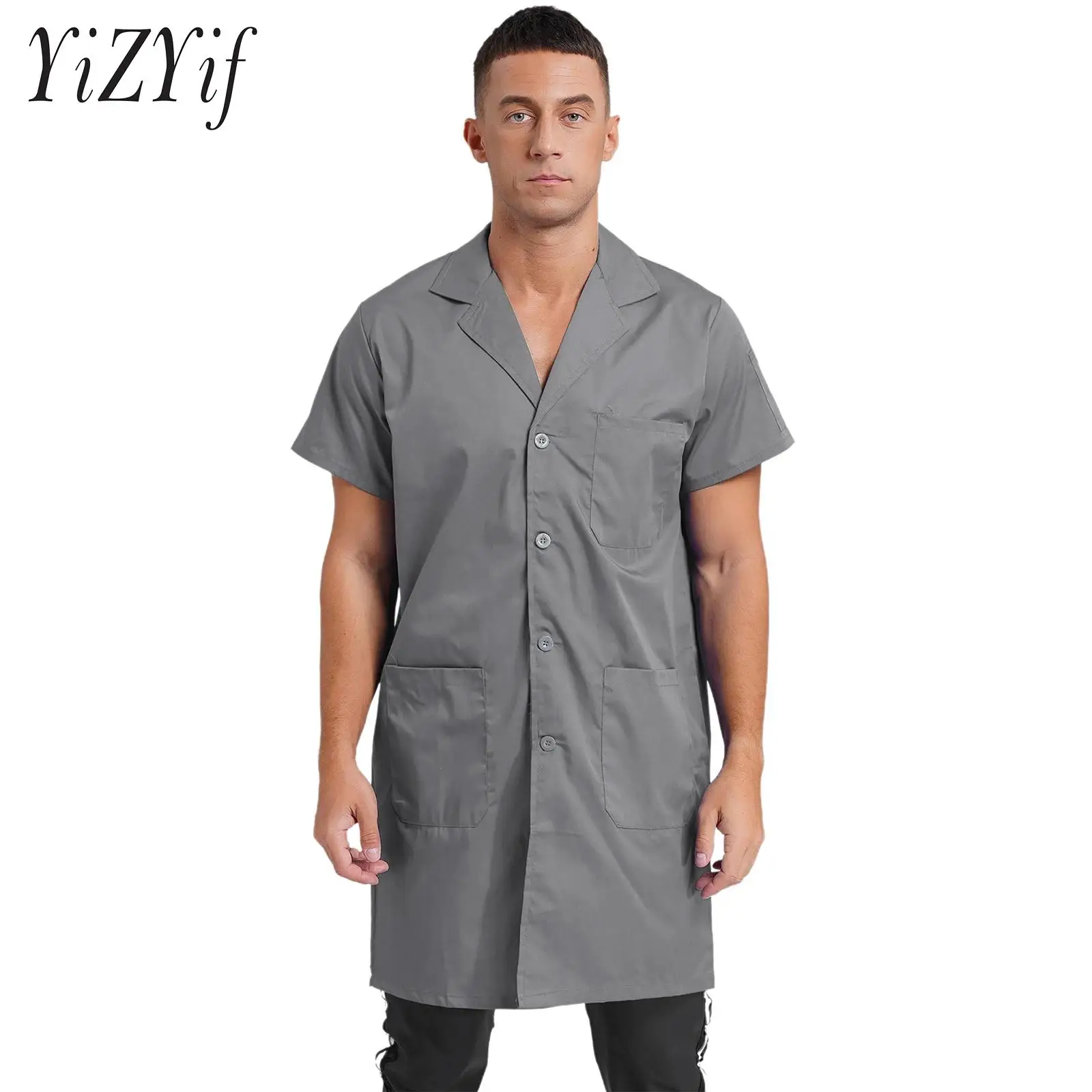 Unisex Mens Womens Wear Resistant Work Coat V Neck Short Sleeve Front Button Up Pockets Dustproof Jacket Lab Coat for Workshop