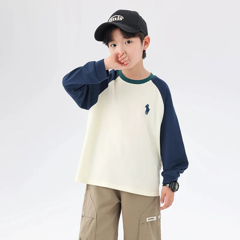 

Color-blocked Top with Kids' Letters Tees Elementary School Student Long Sleeve Tee Outdoor Clothes for Children Clothing Boys