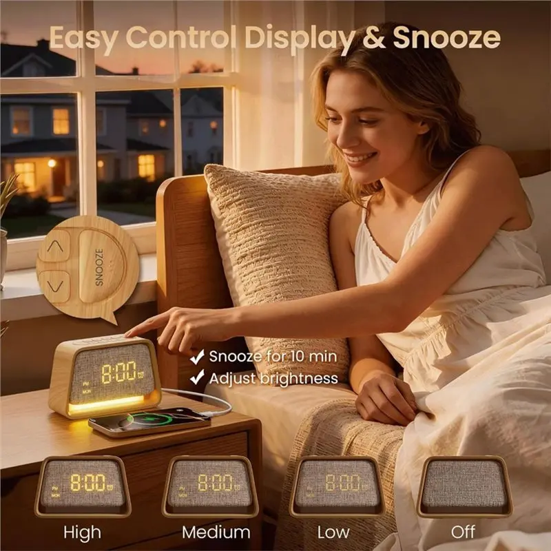 ABMI-Alarms Clock Wooden White Noise Sound Machine 10 Soothing Sounds 10 Natural Sounds For Adult For Sleep,