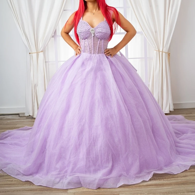 

Lilac Shiny Ball Gown Quinceanera Dresses 2026 Beading Crystal Tull Corset Off Shoulder Sweet 16 Dress Vestidos De 15 Anos