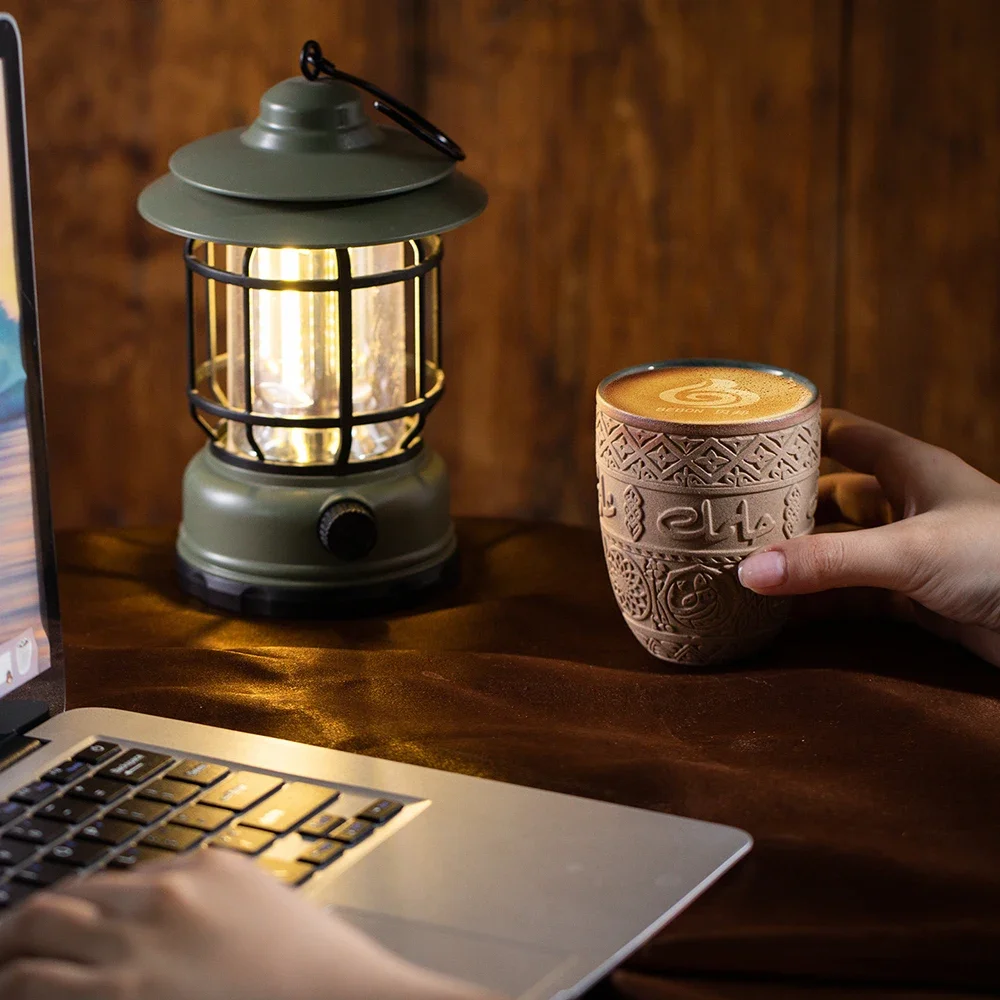 Retro Relief Coffee Cup Middle Exquisite Eastern-Style Arabic Simple Lettering Relief Coarse Clay Water Cup Drinkware Mugs
