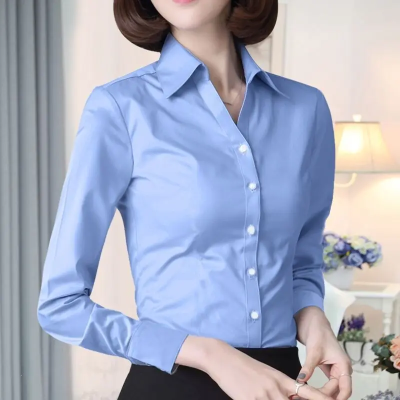 

Spring Autumn New All-match Simplicity Office Blouse Long Sleeve Polo Neck Solid Slim Shirt Tops Elegant Clothing JJ755