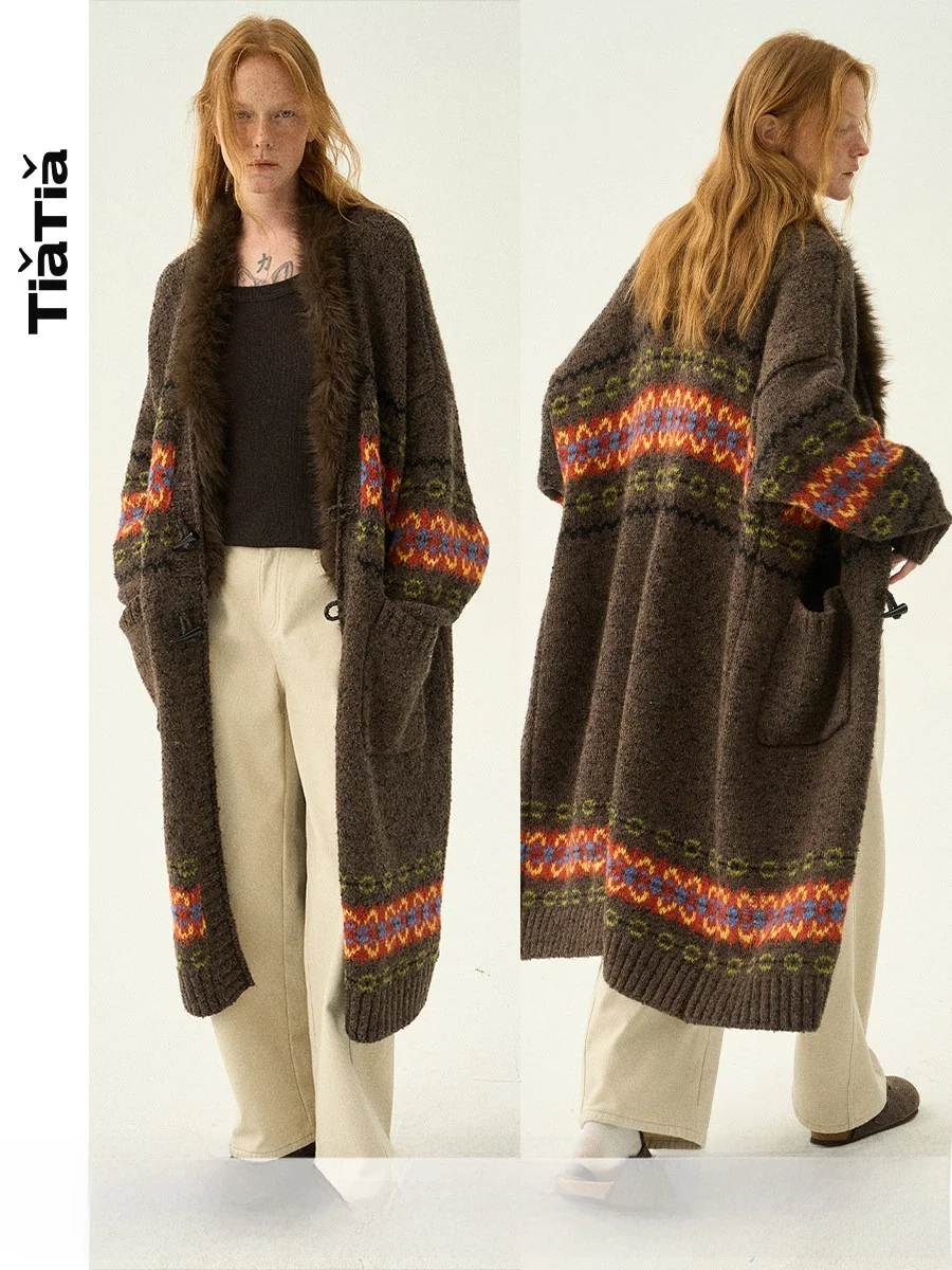 

TiaTia25 Winter New Brown Fair Isle Color Jump Removable Fur Collar Button Long Open Cardigan Sweater Women's Faion