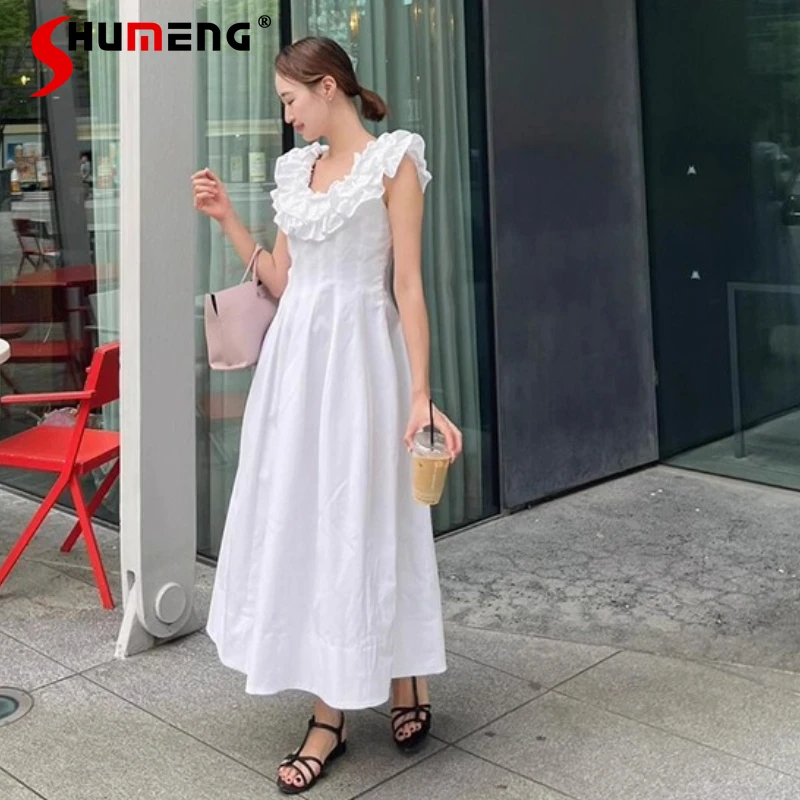 

2025 New Japanese Style Sweet White Long Dress Women's Slim Fit Elegant Ruffle U-Neck Princess Dress Ladies Daily Basic Dresses