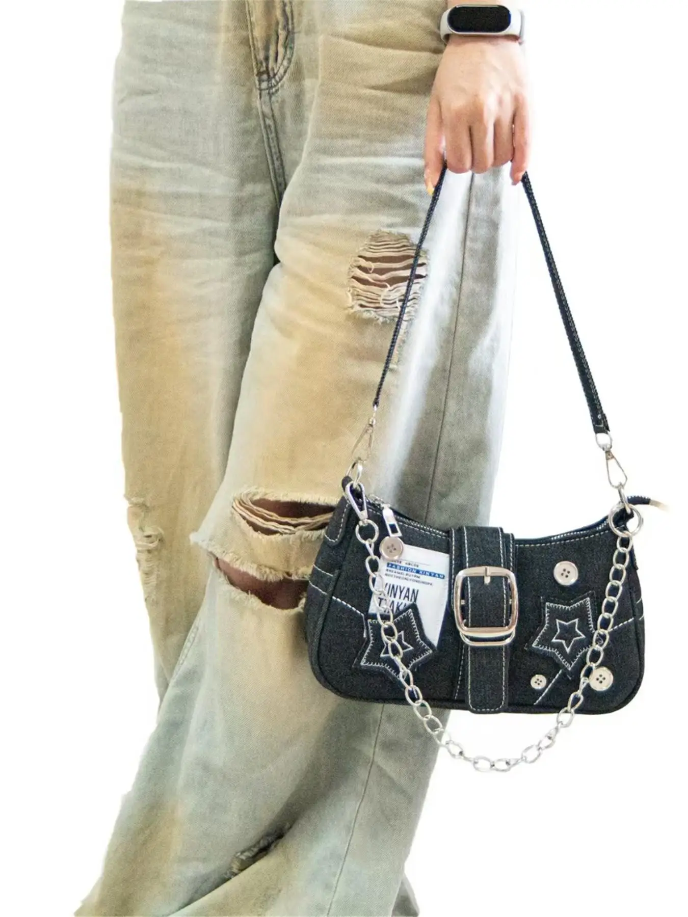 

Fashion Women's Handbags Denim Stars Pattern Cool Girls Y2K Underarm Bag Canvas Female Small Shoulder Bags Chain Tote Bag Chic