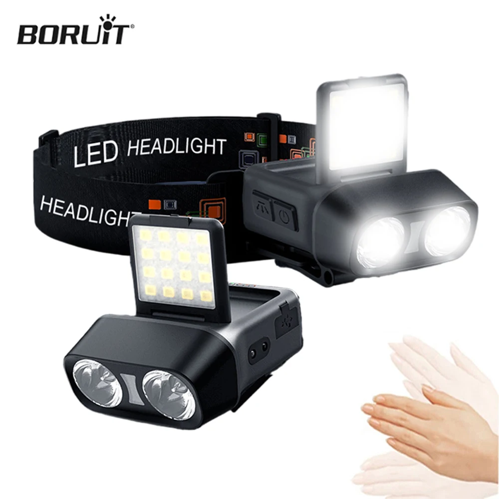 BORUiT Sensor Headlamp Hat Clip Light Powerful LED Type-C Rechargeable Headlight Fishing Work Torch Waterproof Camping Lantern