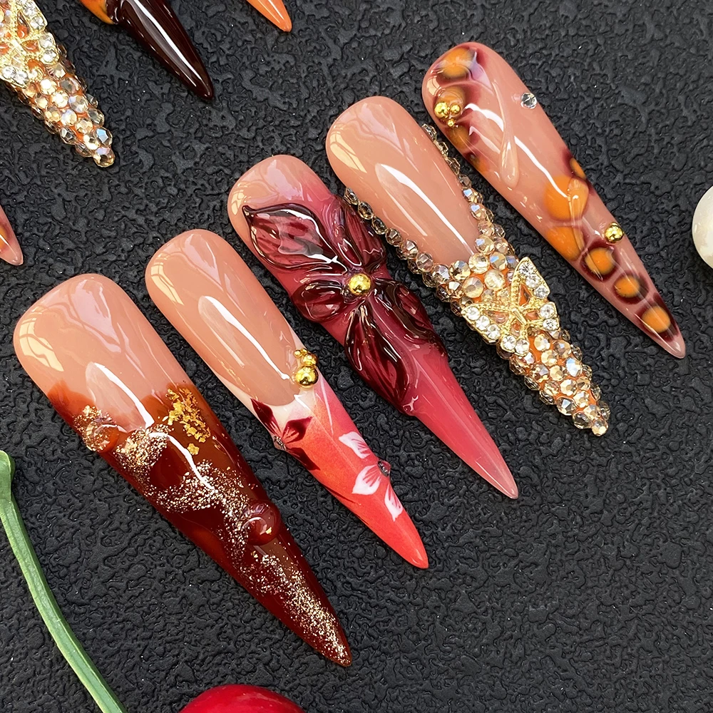 

Hand Crafted Thickness Acrylic Nail Press on Luxurious Gold Rhinestone Custom Design 100% Handmade 10PCS Extra Long Manual Nails