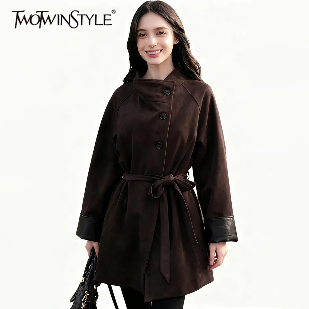 

TWOTWINSTYLE Solid Spliced Leather Fashion Trenchs for Women Stand Neck Long Sleeves Patchwork Lace Up Trench Female Autumn New