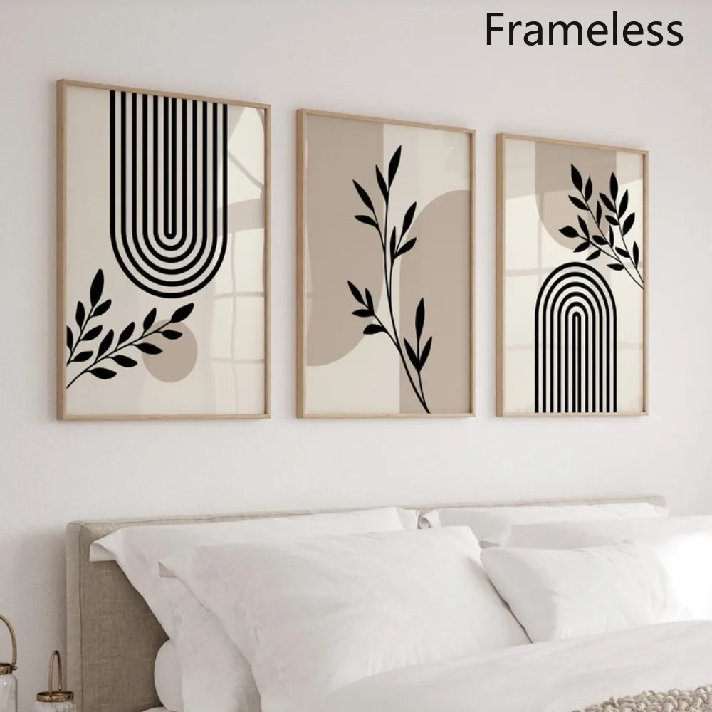 3PCS Frameless,3pcs/set Neutral Beige Plant Bauhaus Geometry Canvas Prints Minimalism Bohemian Japandi Wall Art Posters for Mode